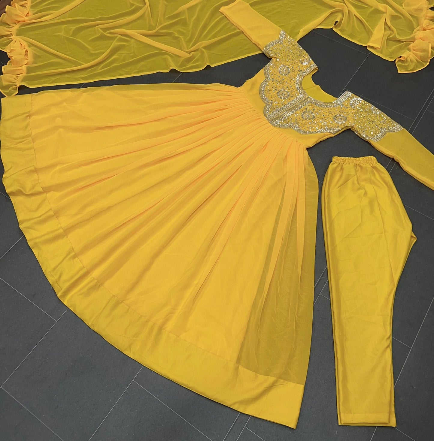 Party Wear Georgette Thred And Sequence Worked Gown With Crep Pent And Georgette Duppata 18