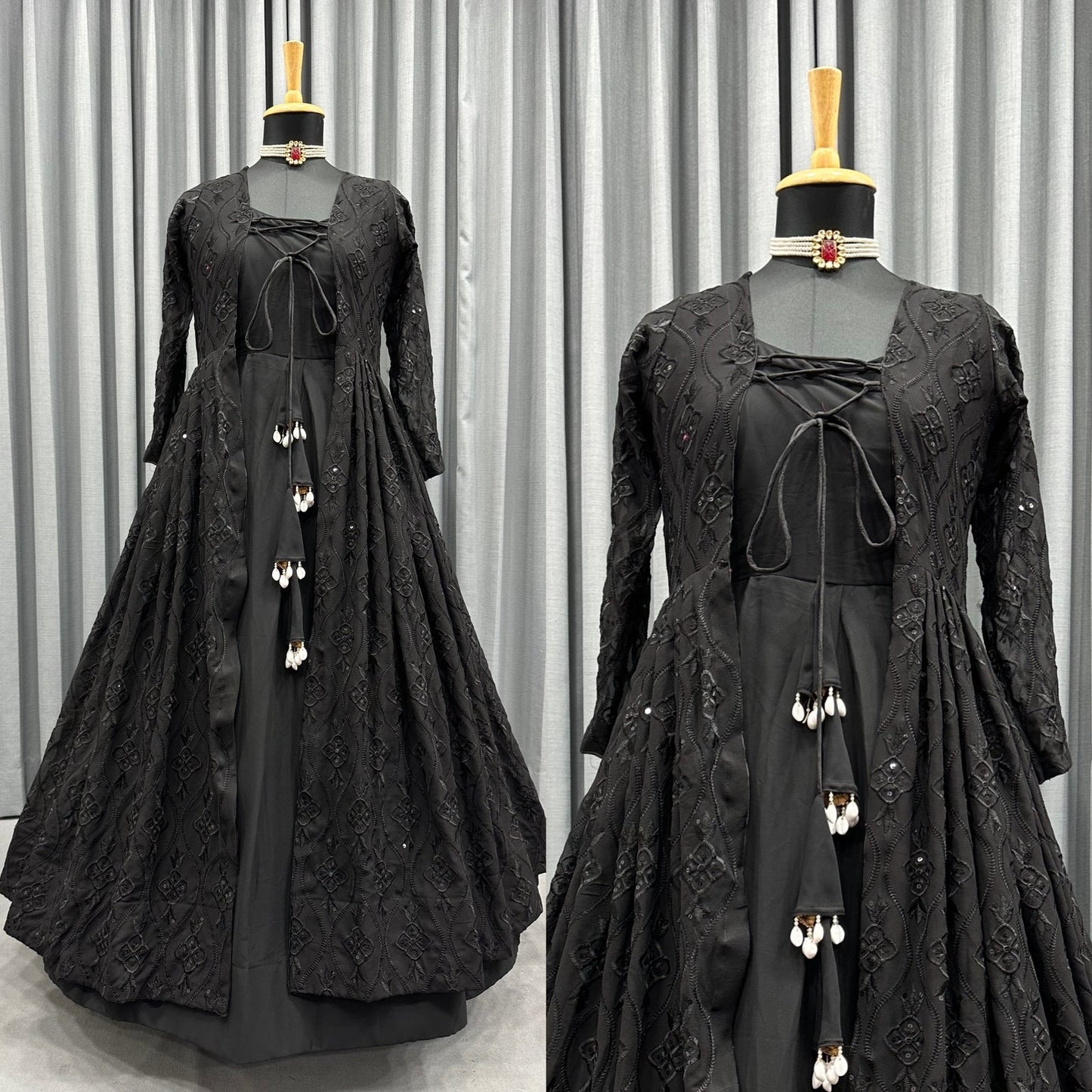 Beautiful Black Color Faux Georgette Anarkali Suit With Thred Work For Women