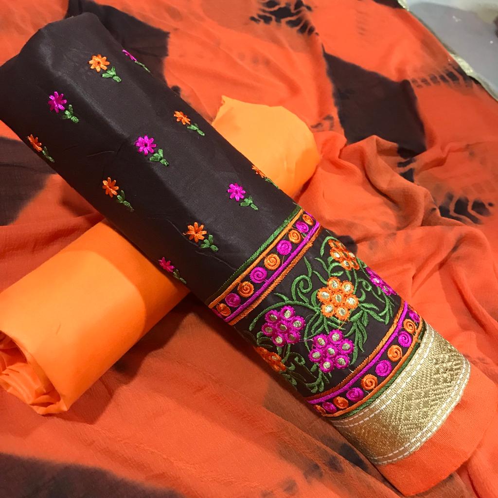 Dark Coffee Cotton Embroidered Unstitched Dress Material