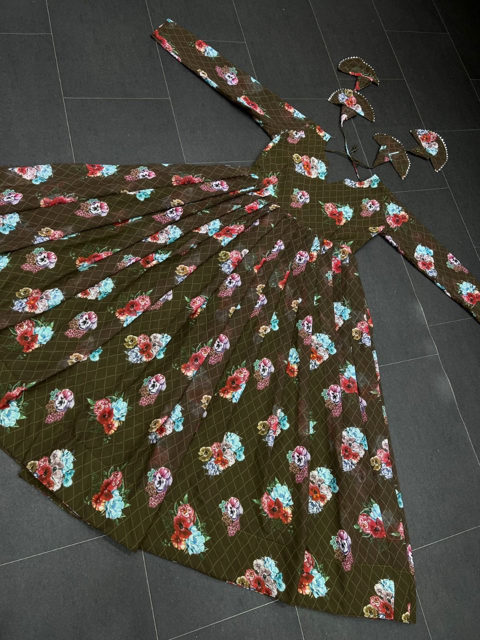 Flower Printed Full Stiched Georgette Gown With Fancy Latkan