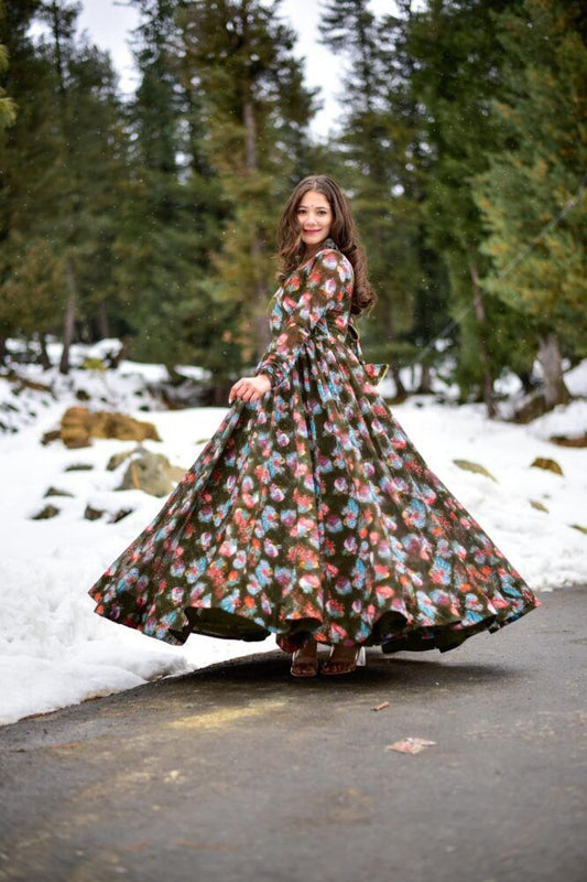 Flower Printed Full Stiched Georgette Gown With Fancy Latkan