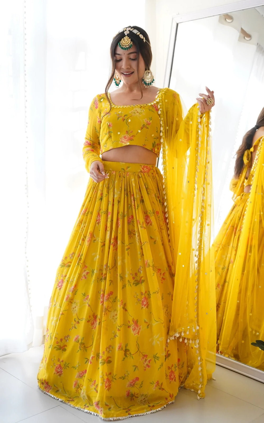 Traditional Wear Yellow Wedding Wear Semi Stitched Georgette Digital Printed Lahengha.