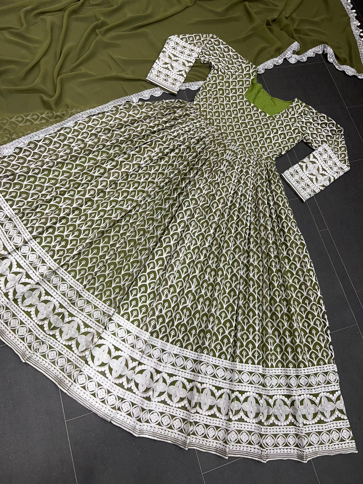 Georgette Chainstiched Worked Full Stiched Suit And Beautiful Duppata With Four Side Lace Border