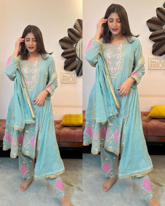 Party Wear Skyblue Color Wedding Wear Beautiful Embroidered Work Faux Georgette Salwar Suit