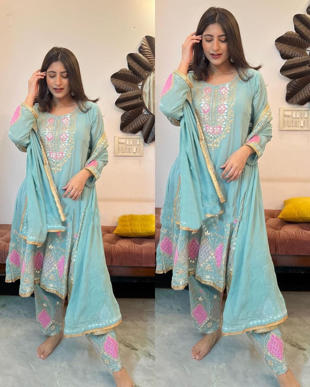 Party Wear Skyblue Color Wedding Wear Beautiful Embroidered Work Faux Georgette Salwar Suit