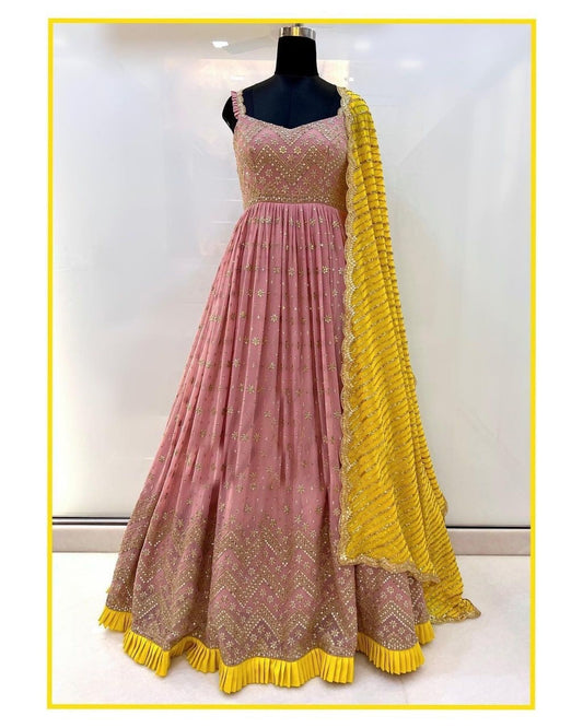 Peach  Color Sequence Work Function Wear Fancy Full Stitched Georgette Gown For Women
