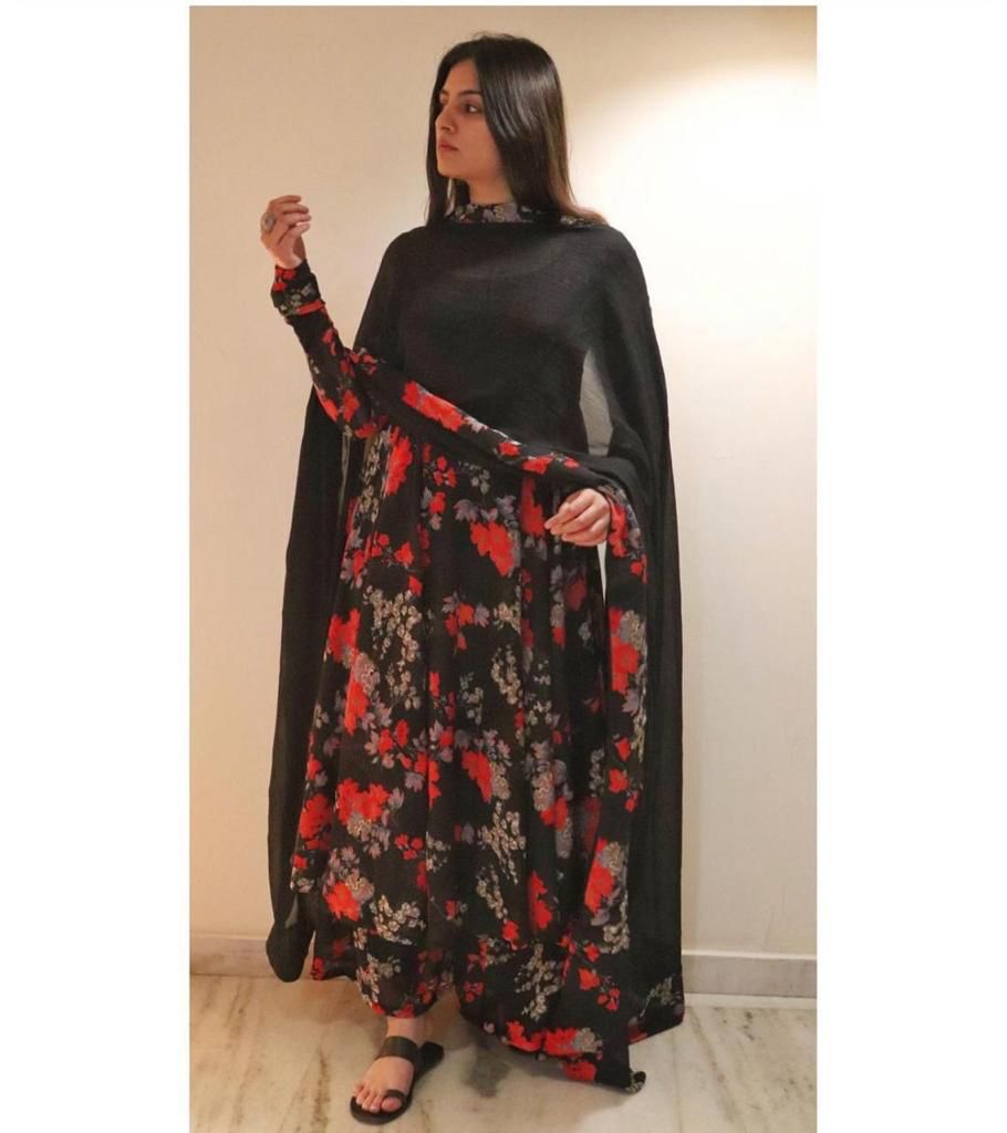 Black   Full Stitch  Georgette  Printed Work Salwar Suit For Women
