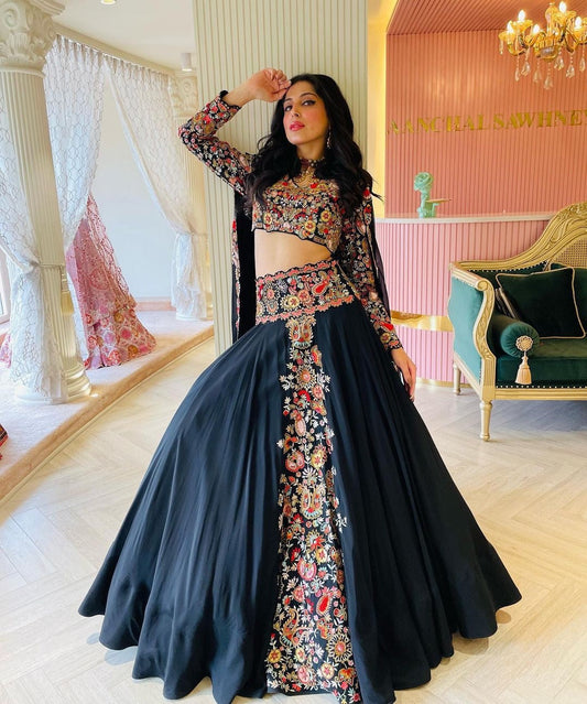Unique Black Color Faux Georgette Lahengha With Embroidery Work For Women