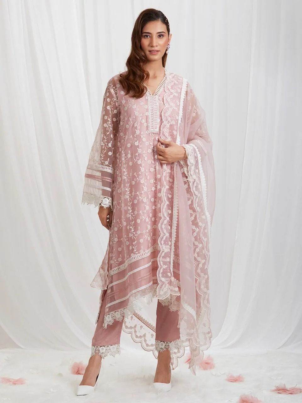 Designer Organza Silk Thred Worked Suit With Satin Silk Bottom And Organza Silk Duppata