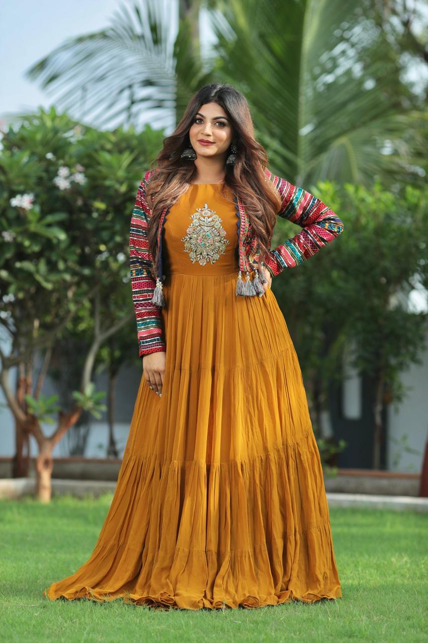Wedding Wear Mustard Color Georgette Embroidered Jacket Style Stitched Designer Gown
