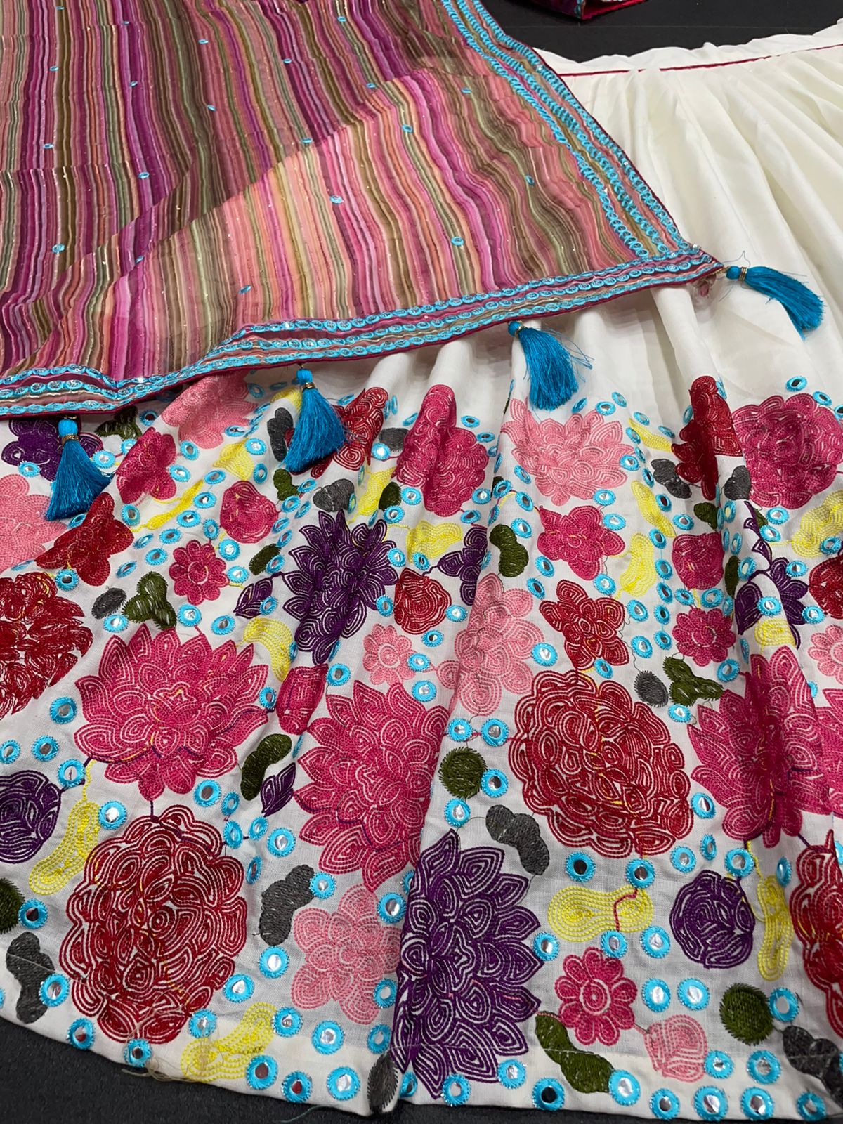 New Fabulous Heavy Slub Cotton Chain Stiched Worked Semi Stiched Lehanga Choli With Georgette  Sequnce Fourside Embroidery Worked Lace Border Duppata