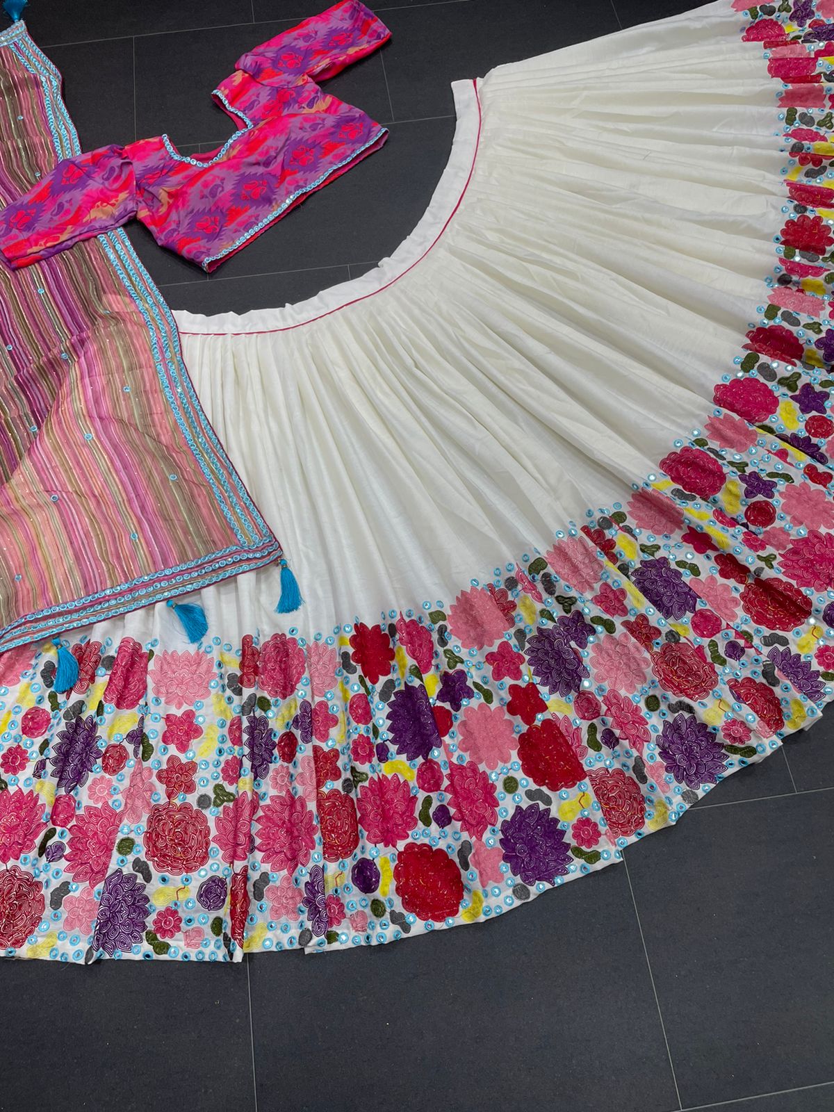 New Fabulous Heavy Slub Cotton Chain Stiched Worked Semi Stiched Lehanga Choli With Georgette  Sequnce Fourside Embroidery Worked Lace Border Duppata