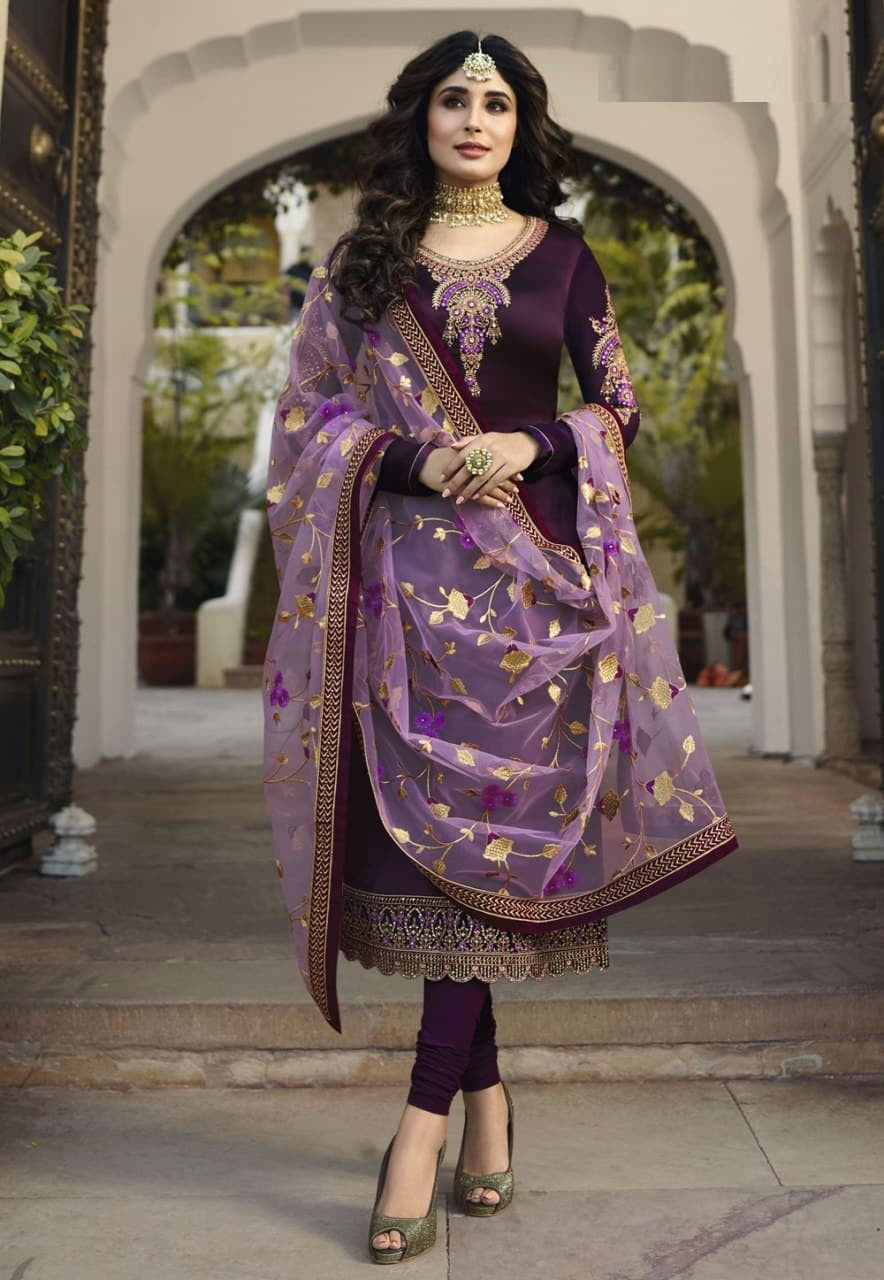 Purple Color Satin Georgette with Embroidery Straight Cut Salwar Suit For Women