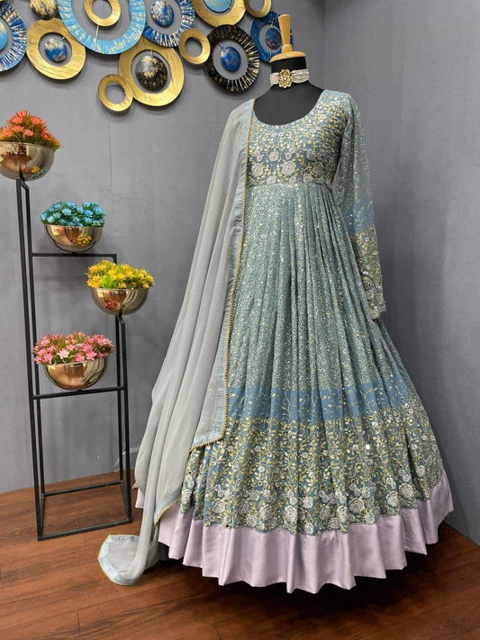 Mind-blowing Light Green Color Georgette Mirror Embroidered Work Gown Dupatta