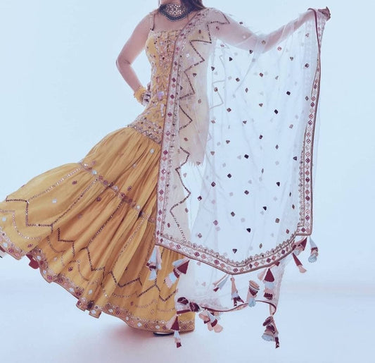 Astonishing Mustard Color Party Wear Mirror Embroidered Work Georgette Sharara Suit