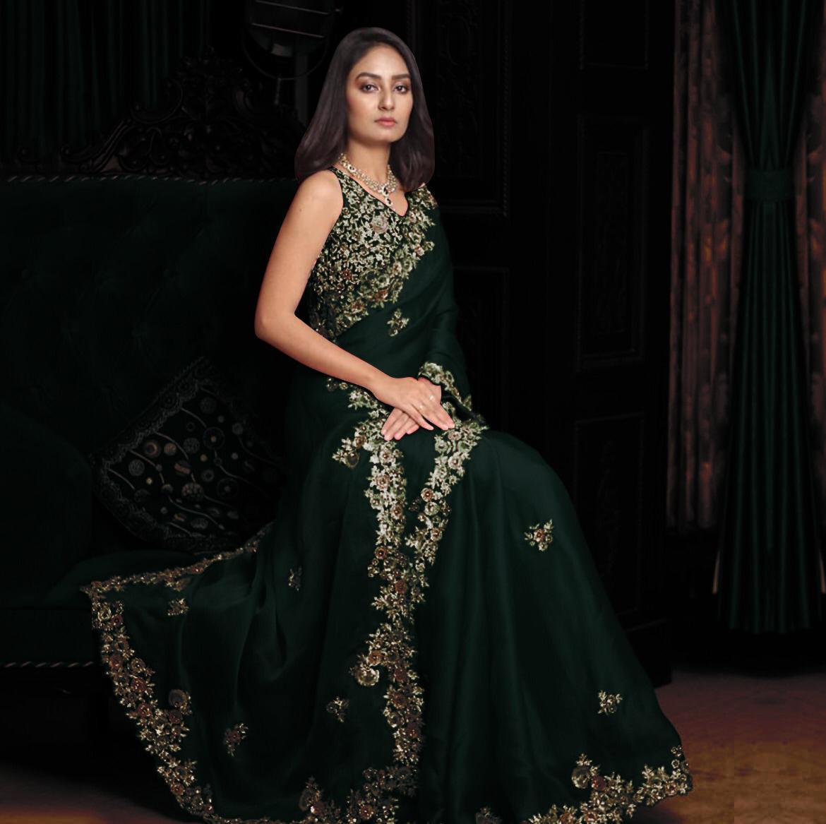 Prodigious Bottle Green Color Festive Wear Georgette Embroidered Work Saree Blouse