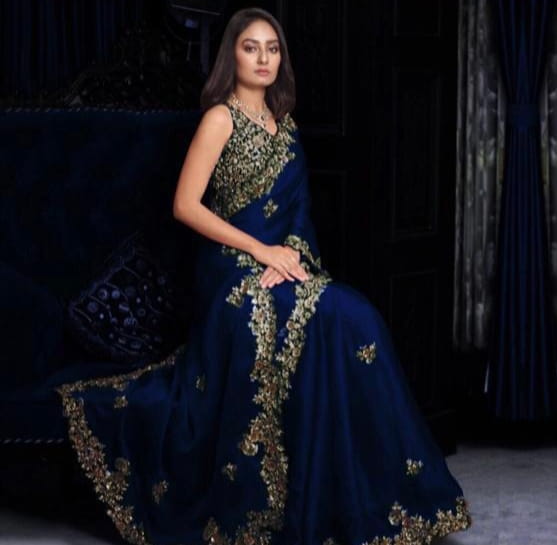 Refreshing Navy Blue Color Georgette Coding Embroidered Work Saree Blouse