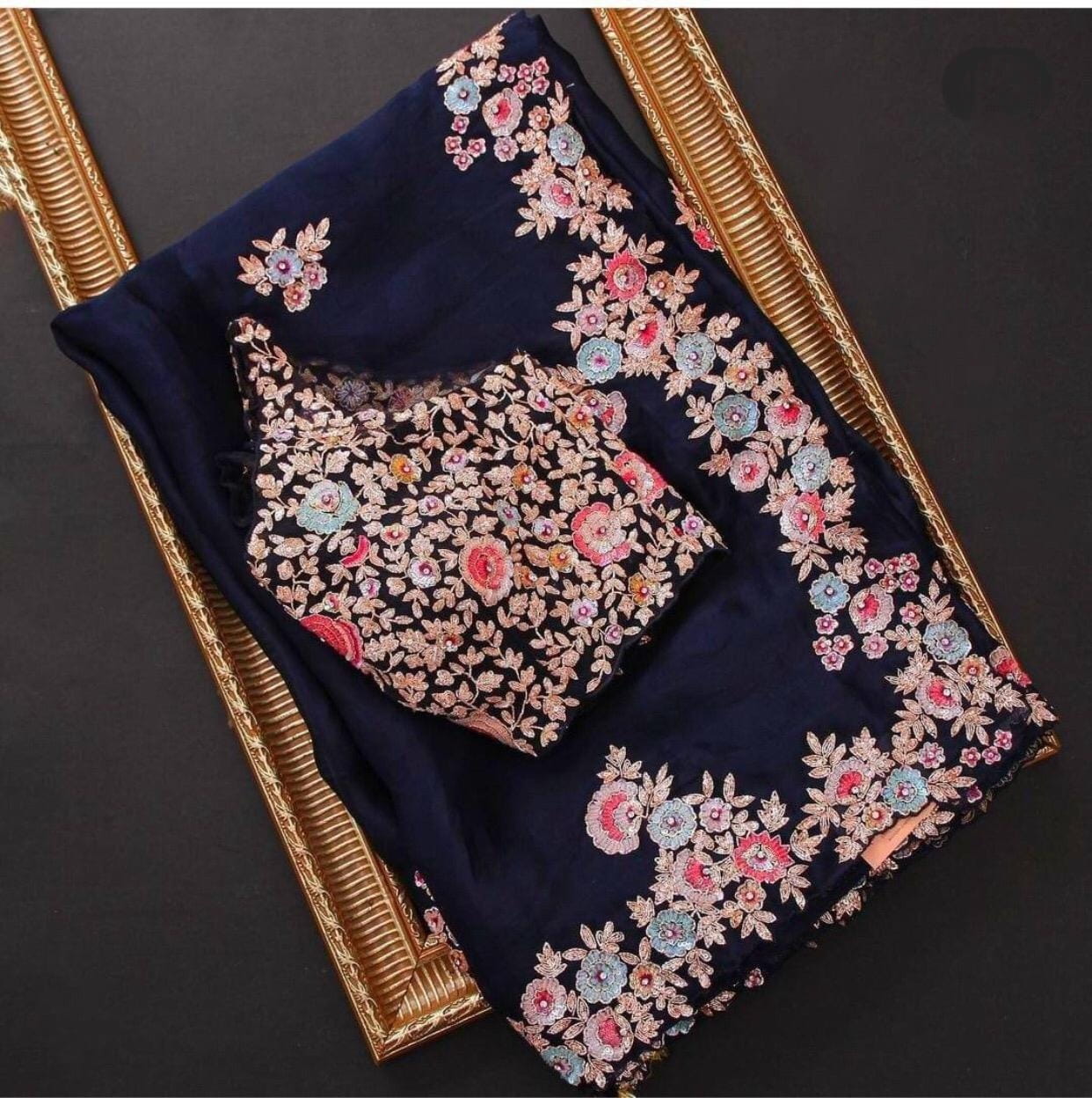 Refreshing Navy Blue Color Georgette Coding Embroidered Work Saree Blouse