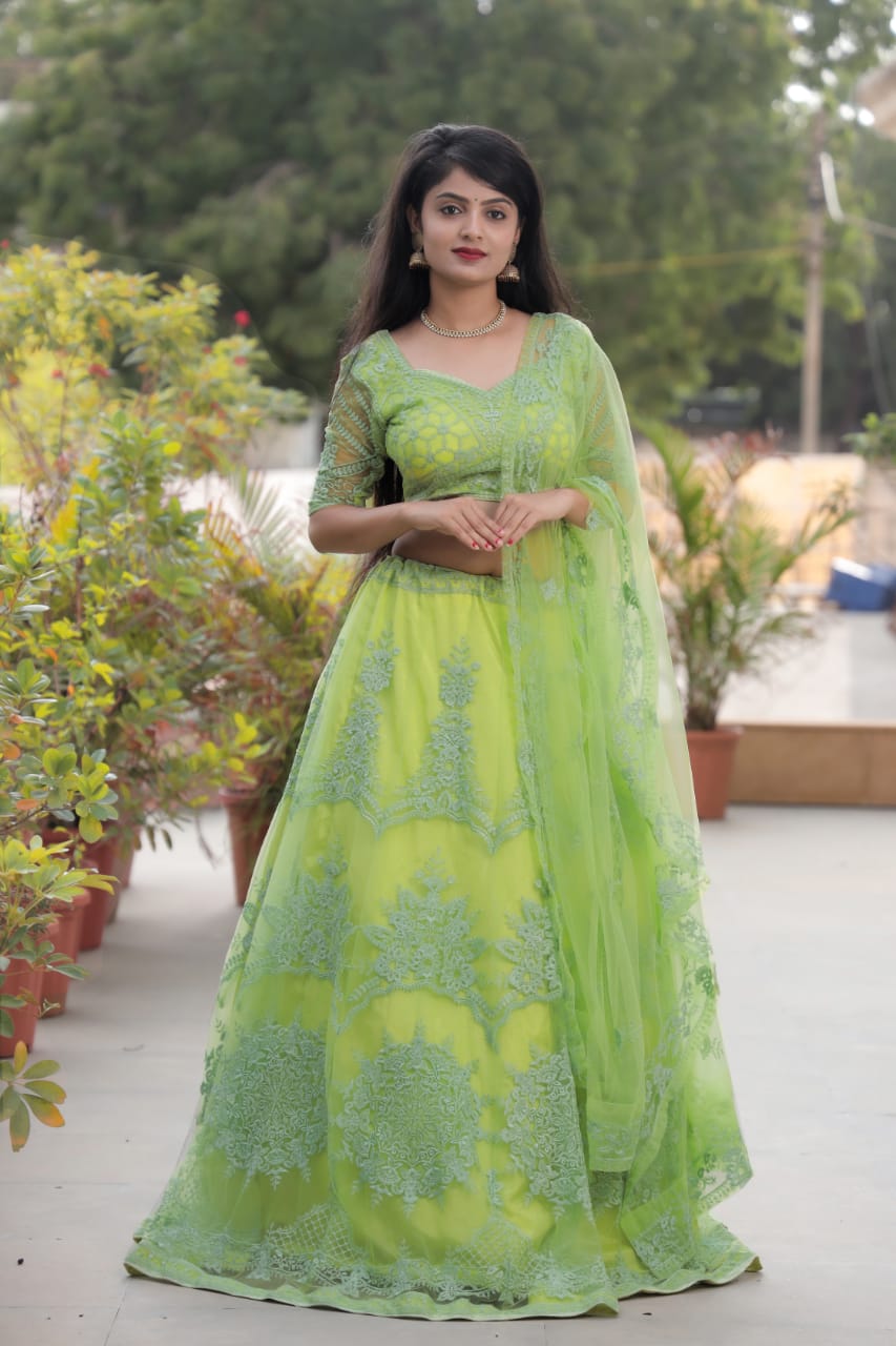 Appealing Green Color Festive Wear Net Thread Work Lehenga Choli
