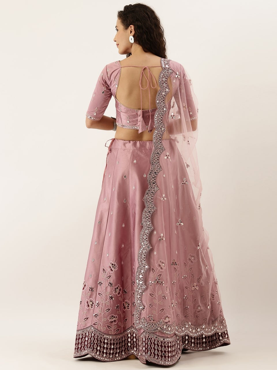 Classic Pink Color Occasion Wear Satin Silk Mirror Work Lehenga Choli For Ladies