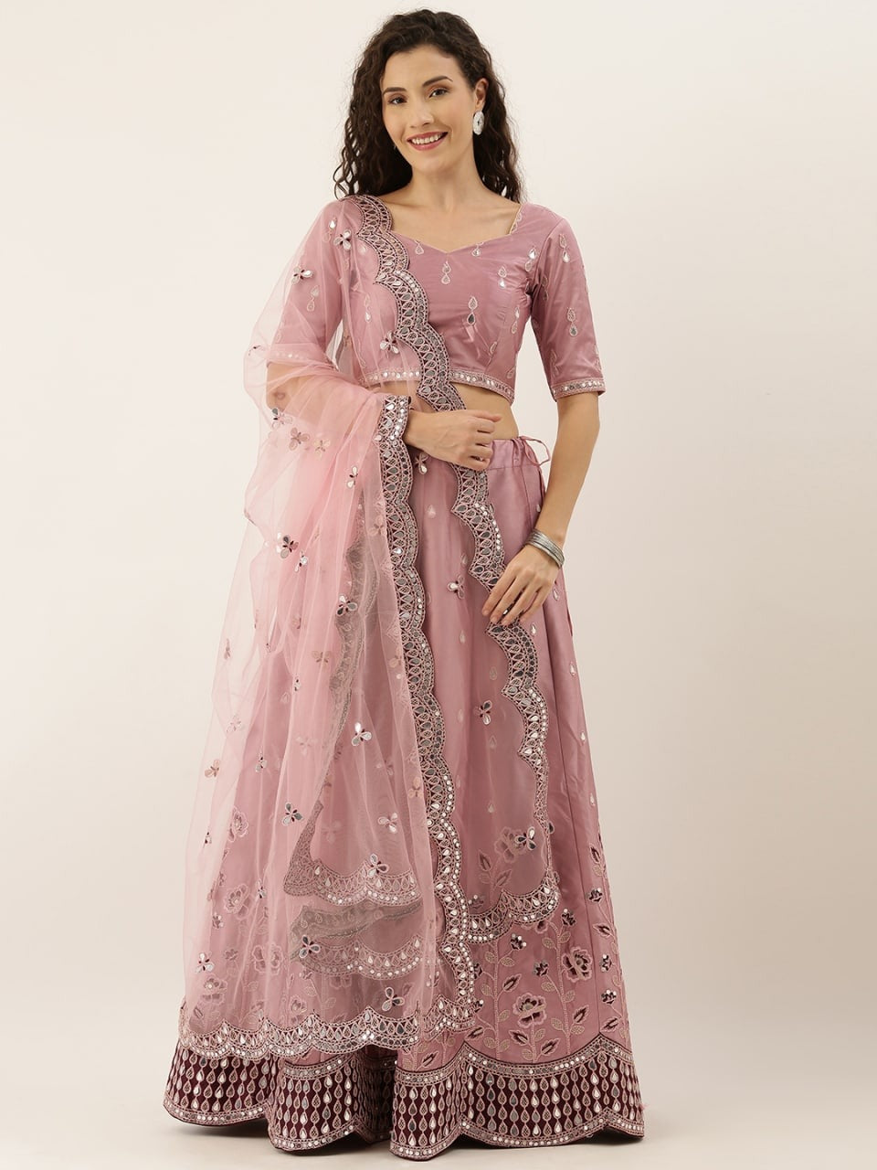 Classic Pink Color Occasion Wear Satin Silk Mirror Work Lehenga Choli For Ladies