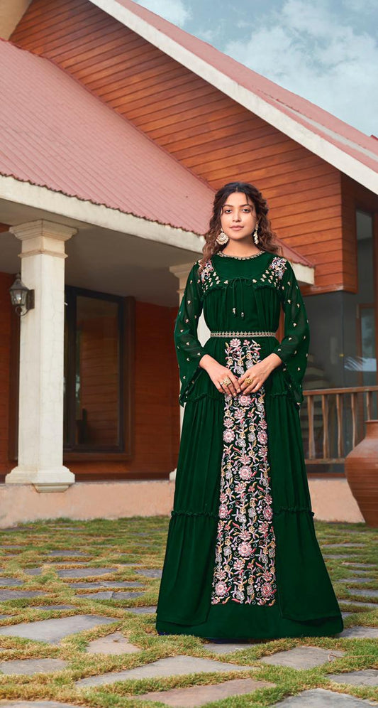 Starling Dark Green Color Occasion Wear Georgette Embroidered Work Jacket Gown