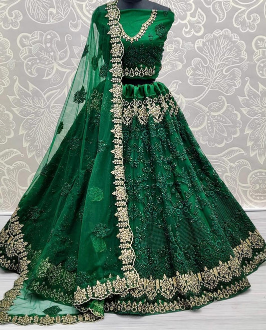 Gorgeous Green Color Net Embroidered Work Festive Wear Lehenga Choli For Ladies