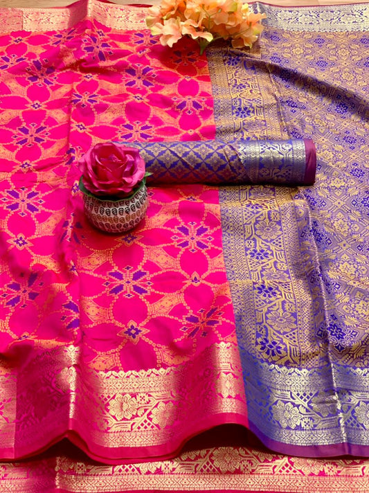 Radiant Rani Pink Color Silk Patola Weaving Zari Work Festival Wear Saree Blouse