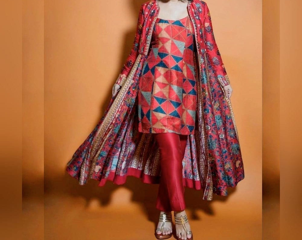 Decent Red Color Italian Silk Digital Printed Indo Western Suit For Festive Wear