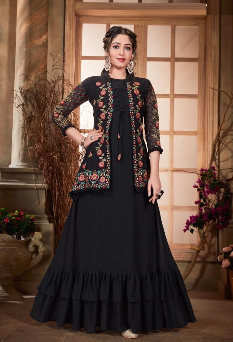 Astounding Black Color Designer Faux Georgette Wedding Wear Embroidered Work Jacket Style Gown