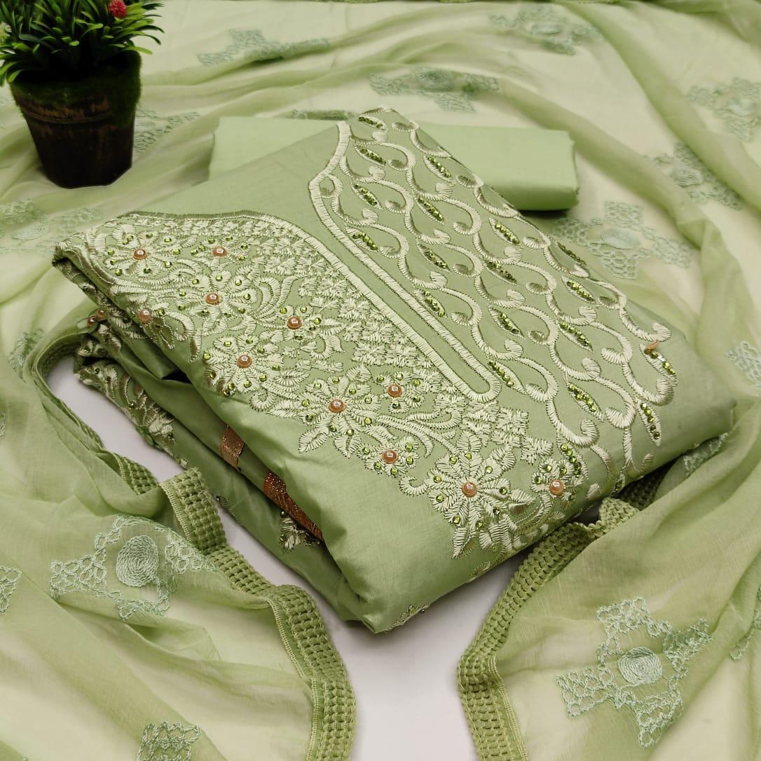 Fabulous Mehendi Green Color Classic Cotton Designer Embroidered Work Salwar Suit