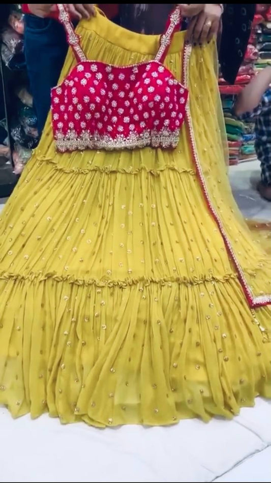 Stupendous Mustard Color Georgette Sequence Work Lehenga Choli
