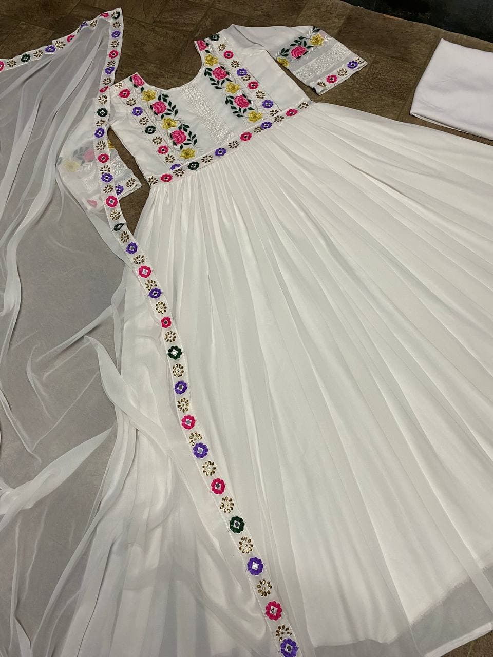 Remarkable White Color Diamond Hand Work Georgette Salwar Suit For Ladies