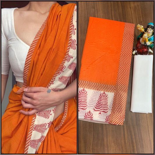 Refreshing Orange Color Designer Printed Cotton Party Wear Saree Blouse