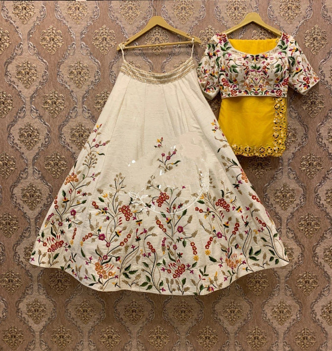 Stunning Off White Color Satin Festive Wear Embroidered Work Lehenga Choli