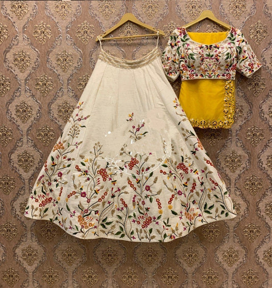 Stunning Off White Color Satin Festive Wear Embroidered Work Lehenga Choli