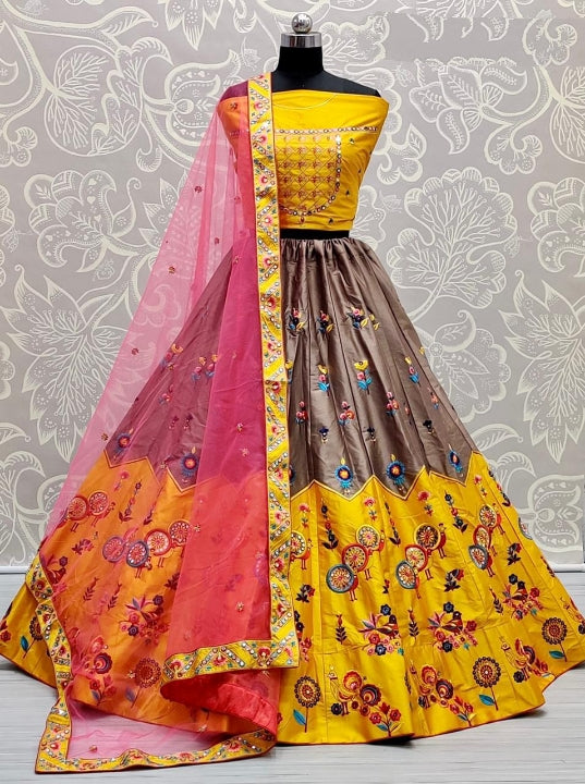 Exciting Yellow Color Bridal Wear Multi Sequence Embroidered Thread Work Satin Silk Lehenga Choli Design