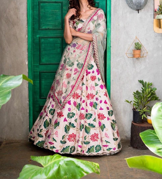 Admiring White Color Festive Wear Silk Embroidered Work Lehenga Choli