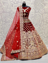 Load image into Gallery viewer, Red Color Wedding Wear Velvet Design Multi Zari Thread Diamond Embroidered Work Lehenga Choli

