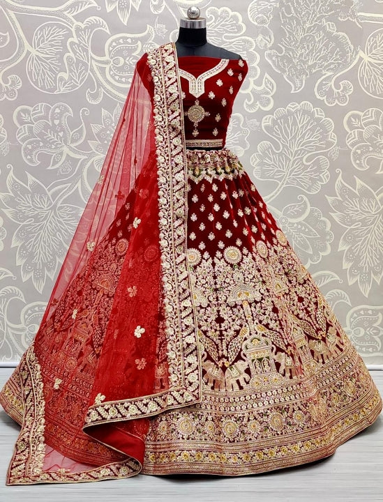 Red Color Wedding Wear Velvet Design Multi Zari Thread Diamond Embroidered Work Lehenga Choli