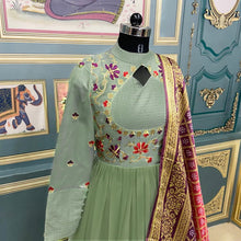 Load image into Gallery viewer, Appealing Green Color Function Wear Georgette Taffeta Embroidered Thread Work Full Stitched Gown Dupatta

