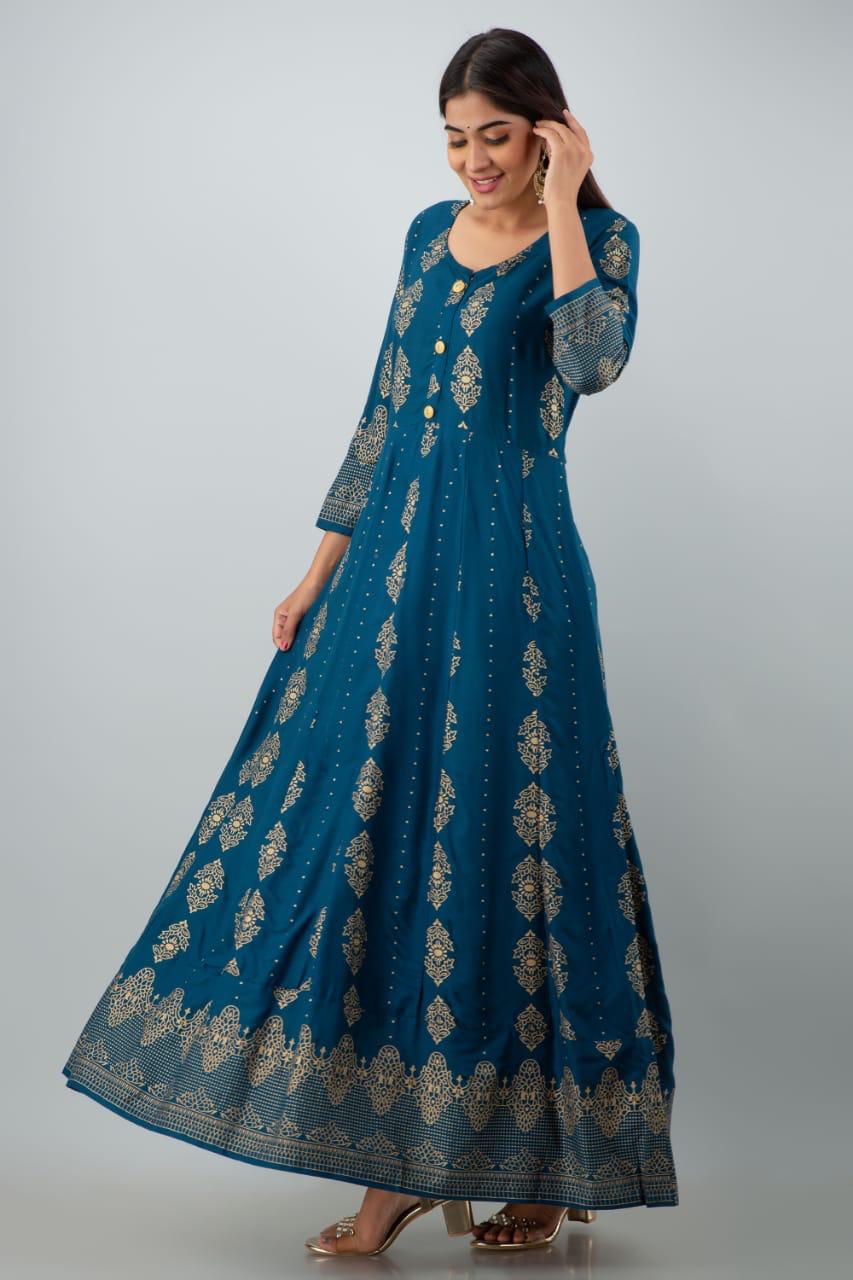 Engrossing Blue Color Ready Made Rayon Fancy Party Wear Golden Printed Gown