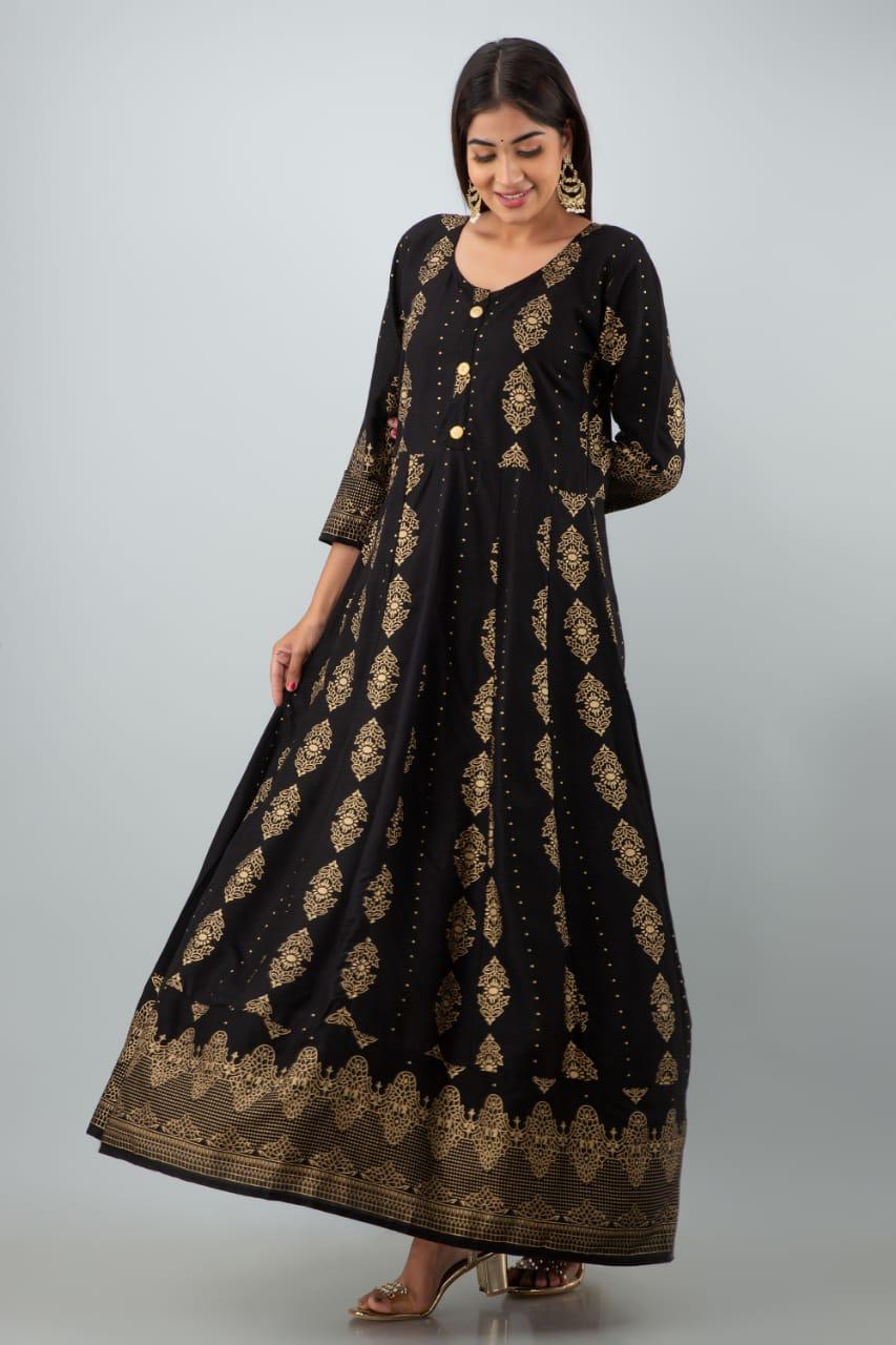Wedding Wear Black Classic Rayon Fancy Printed Golden Gown For Women