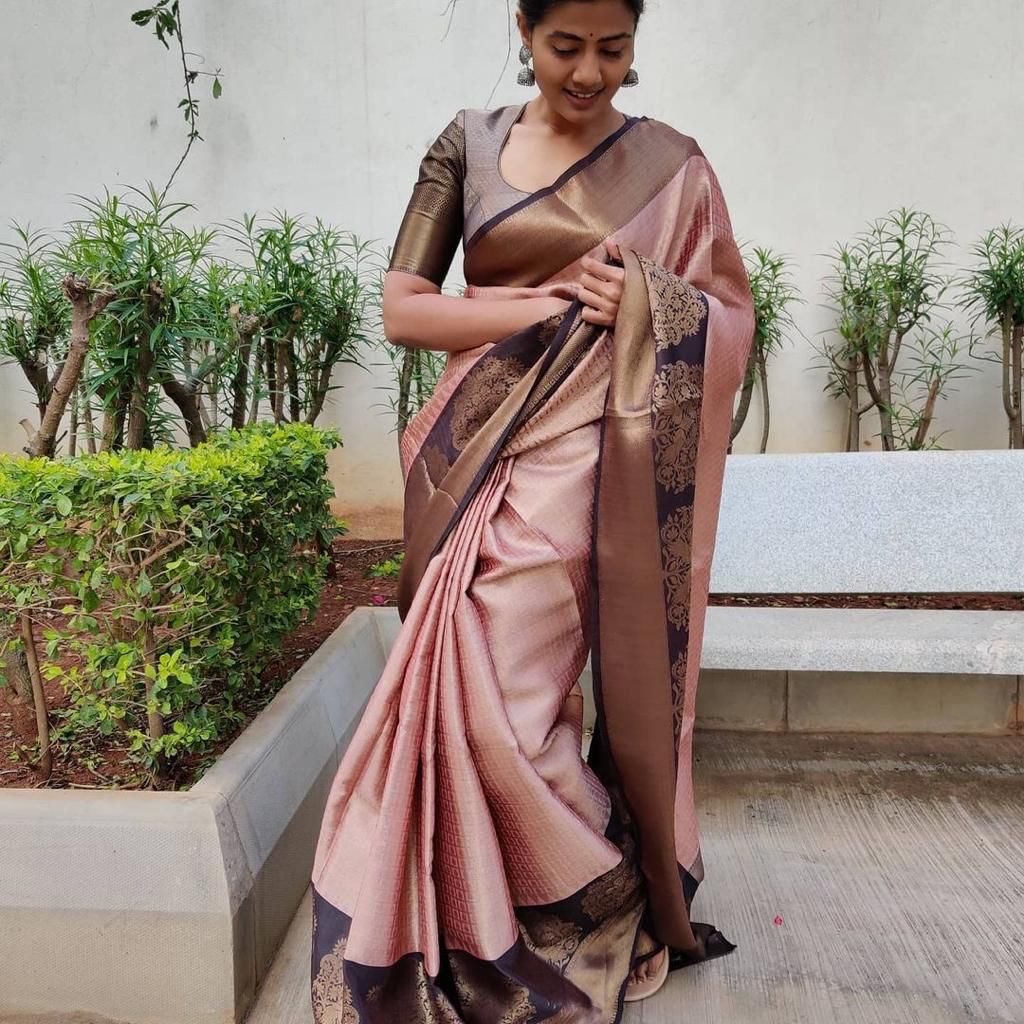 Admiring Peach Color Festival Wear Kanchipuram Silk Weaving Saree Blouse