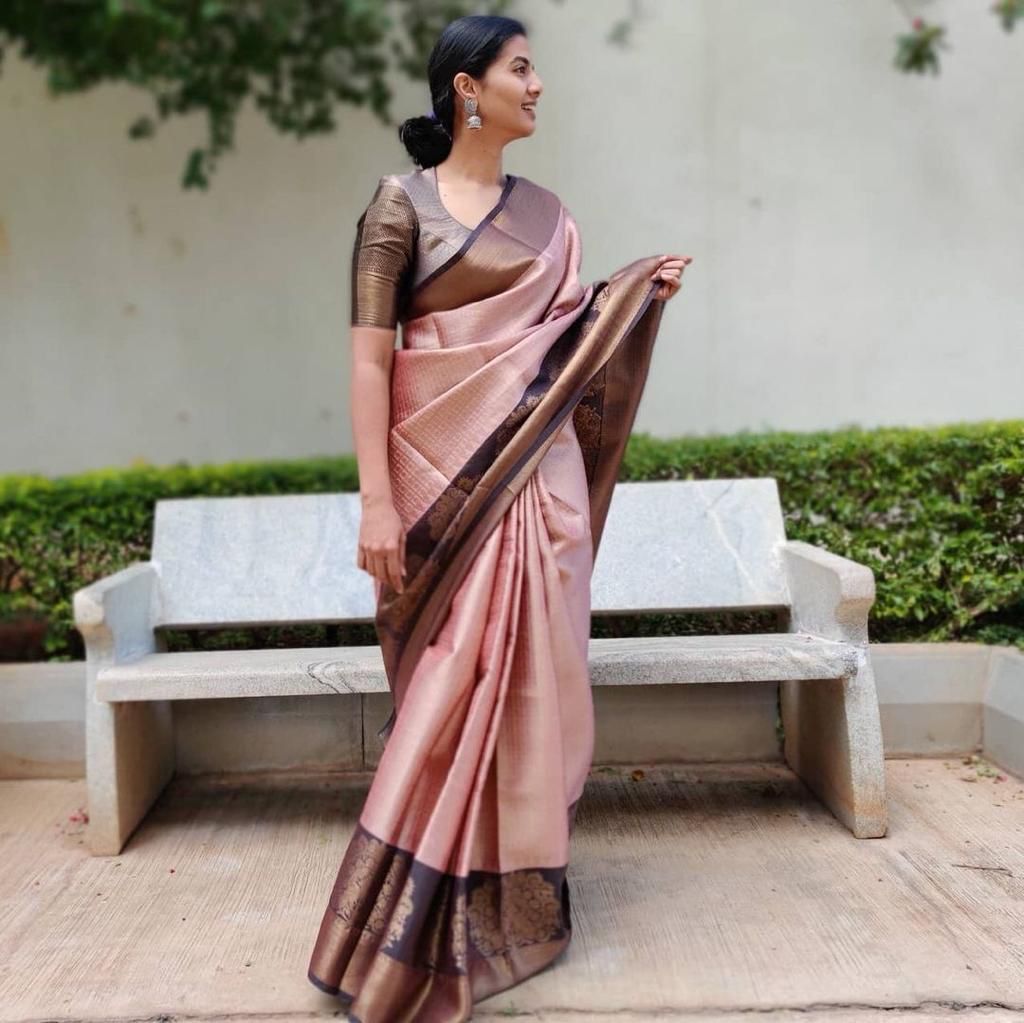 Admiring Peach Color Festival Wear Kanchipuram Silk Weaving Saree Blouse