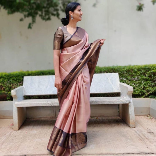 Admiring Peach Color Festival Wear Kanchipuram Silk Weaving Saree Blouse