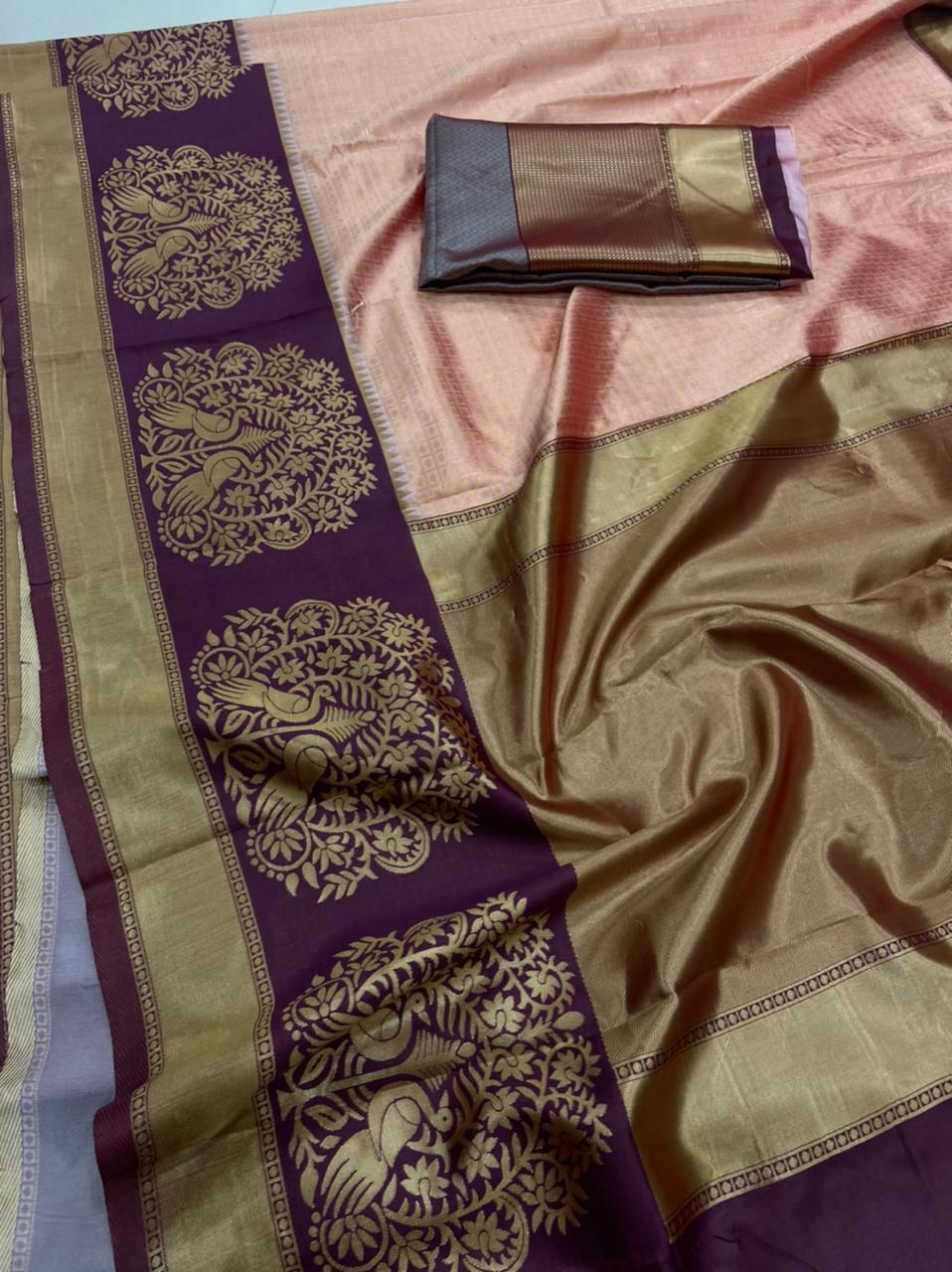 Admiring Peach Color Festival Wear Kanchipuram Silk Weaving Saree Blouse