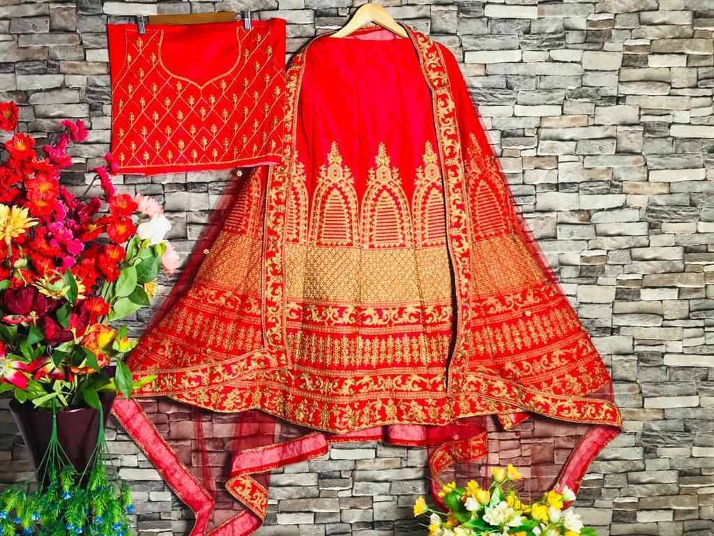 Stylish Red Color Function Wear Diamond Sequence Thread Coding Embroidered Work Silk Malay Satin Lehenga Choli