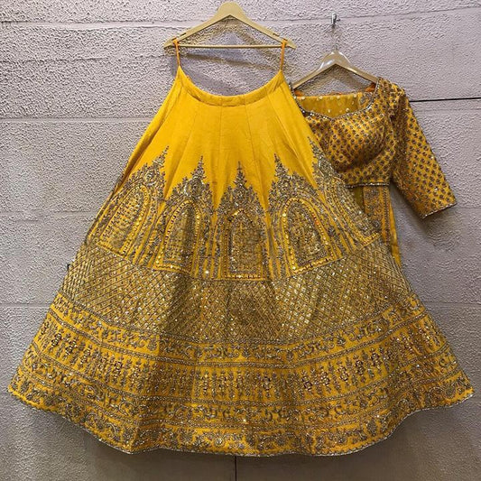 Occasion Wear Yellow Color Coding Thread Sequence Diamond Embroidered Work Designer Malay Satin Silk Lehenga Choli