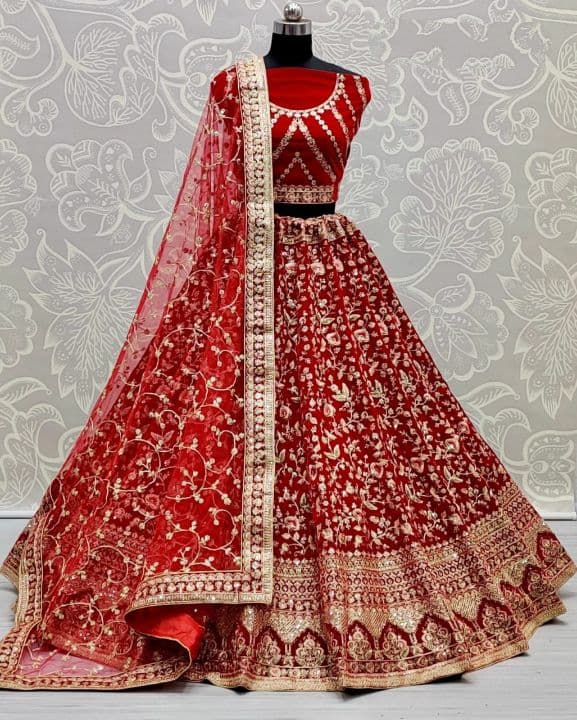 Red Color Velvet Zari Embroidered Work Wedding Wear Lehenga Choli